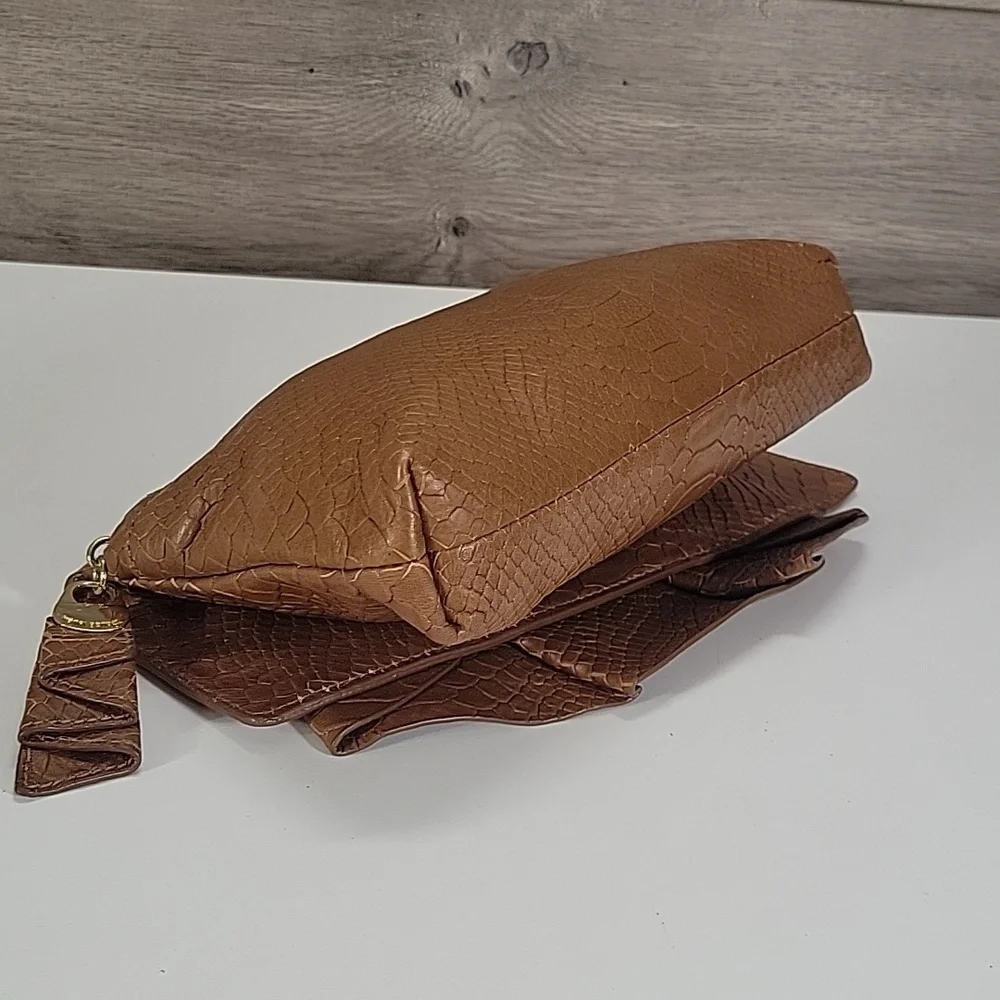 Henri Bendel Tan Snake Skin Embossed Leather Clutch Bag